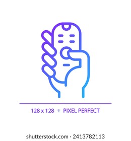 Hand with remote control pixel perfect gradient linear vector icon. Digital device. Contactless infrared gadget. Thin line color symbol. Modern style pictogram. Vector isolated outline drawing