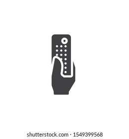 Hand with remote control vector icon. filled flat sign for mobile concept and web design. Using tv remote control glyph icon. Symbol, logo illustration. Vector graphics