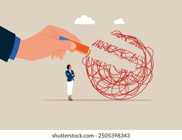 Hand removed chaos messy line with eraser. Help relief anxiety or depression. Flat vector illustration