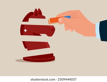 Hand removed Chess figure Horse with eraser. Flat vector illustration