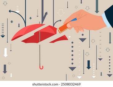 Hand removed Umbrella with eraser. Modern vector illustration in flat style. 