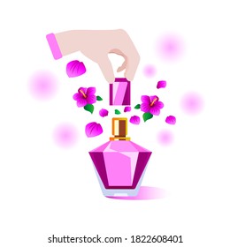 La mano quita la tapa de la botella de perfume de la que se escapa el aroma floral brillante de violetas.