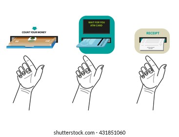 Hand removes money, atm card or official receipt from Automated Teller Machine or ATM. Editable Clip Art.