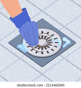 Hand removing hair clump from the shower drain. Hair fall problem and alopecia damage concept. Cleaning tiled floor after washing scalp. Cartoon vector illustration