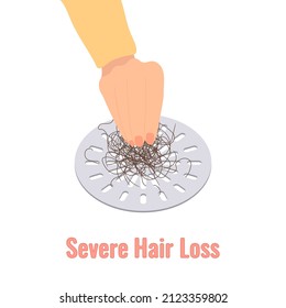 Hand removing hair clump from the shower drain. Hair fall problem and alopecia diagnostics concept. Cleaning grid after washing scalp. Cartoon vector illustration