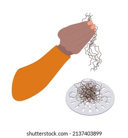 Hand removing hair clump from the shower drain. Hair fall problem. Alopecia diagnostic concept. Grid cleaning after washing scalp. Cartoon vector illustration