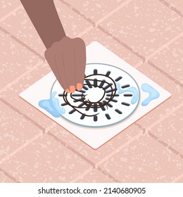 Hand Removing Hair Clump From The Shower Drain. Hair Fall Problem. Alopecia Diagnostic Concept. Cleaning Shower Floor After Washing Scalp. Cartoon Vector Illustration