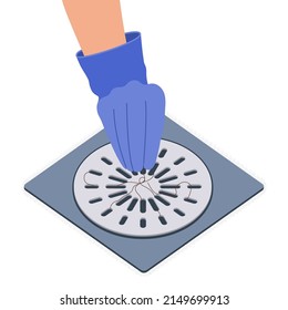 Hand removing hair clump from the shower drain. Hair fall problem and alopecia diagnostics concept. Cleaning grid after washing scalp. Cartoon vector illustration