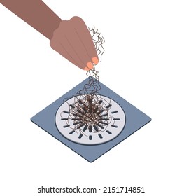 Hand Removing Hair Clump From The Shower Drain. Hair Fall Problem And Alopecia Damage Concept. Cleaning Shower Floor After Washing Scalp. Cartoon Vector Illustration