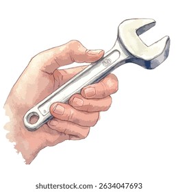 A hand, rendered in a watercolor style, firmly grasps a silver wrench, showcasing the tool's form and the hand's grip.