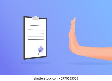 Hand renouncement contract. Categorical denial of signature document hand in stop position rejection unprofitable business loan agreement rejection bribery vector corruption and bribes.