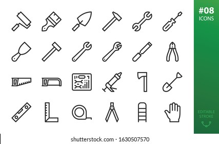 Hand Repair Tools Icons Set. Set Of Adjustable Wrench, Sealant Gun, Paint Brush, Hammer, Hand Screwdriver, Tool Kit Case, Nippers, Hack Saw, Construction Level, Work Gloves, Wood Chisel Isolated Icon