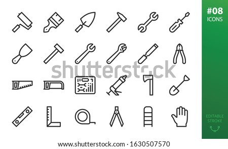 Hand repair tools icons set. Set of adjustable wrench, sealant gun, paint brush, hammer, hand screwdriver, tool kit case, nippers, hack saw, construction level, work gloves, wood chisel isolated icon