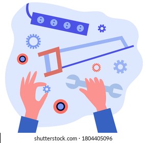 Hand repairing and holding wrench and gear. Spanner, socket, saw flat vector illustration. Maintenance and renovation concept for banner, website design or landing web page