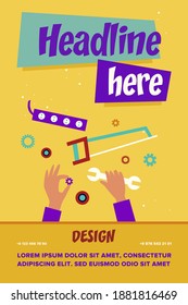Hand repairing and holding wrench and gear. Spanner, socket, saw flat vector illustration. Maintenance and renovation concept for banner, website design or landing web page