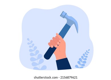 Hand of repairman or carpenter holding hammer. Person with tool flat vector illustration. Repair service, carpentry, construction or renovation, hardware concept for banner or landing web page