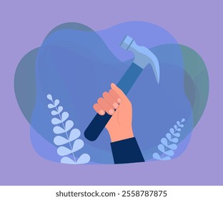 Hand of repairman or carpenter holding hammer. Person with tool flat vector illustration. Repair service, carpentry, construction or renovation, hardware concept for banner or landing web page