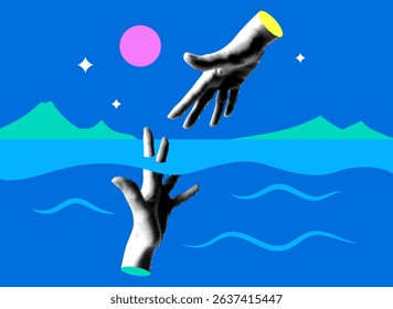 Hand of a rescuer reaches out to the hand of a drowning man. Concept of insurance. Saving a failing business. Psychological help from a psychologist. Life saving in sea. Modern collage