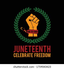 Hand Resistance symbol of Freedom and Olive Leaves. Juneteenth Since 1865. Design of Banner. Vector logo Illustration.