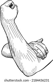Mano apoyada sobre el brazo doblado en un ángulo. Ilustración vectorial en blanco y negro sobre fondo blanco