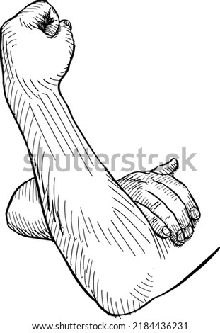 Hand resting on arm bent at an angle. Black and white vector illustration on white background