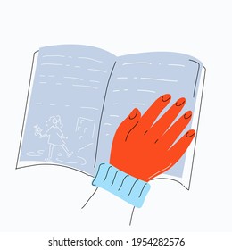 Die Hand ruht auf dem offenen Buch. Das Thema Bildung, Literatur und Wissen im Doodle-Stil.