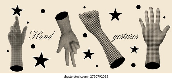 Colagem de meio-tom retro de mão com gestos pontilhados. Símbolos de notas de diário de papel. Ideal para banner de espaço de cópia de anúncio. 