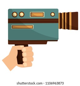 hand with retro handy camera isolated icon