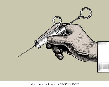 Hand With A Retro Syringe. Medicine, Treatment, Doctor, Hospital. Vintage Colorized Engraving Stylized Drawing. Vector Illustration.