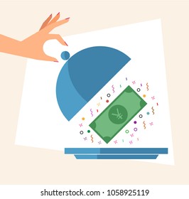 Hand revealing Money in a Cloche. Cashback concept. Vector illustration of hand, cloche and Japanese Yen currency banknote.