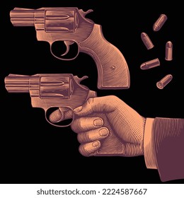 Hand mit einem Revolver. Design-Set. Bearbeitbare handgezeichnete Illustration. Vektor Vintage Gravur. Einzeln auf schwarzem Hintergrund. 8 eps