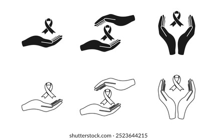 hand with ribbon cancer sign set vector illustration isolated on white background.