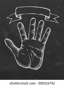 Hand with ribbon on blackboard. Vector illustration.