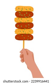 Hand with rice cake skewers on stick. Korean street food Sotteok Sotteok. Fried sausages rice cakes on stick in turns. Asian food snack. For banner menu promotion. Vector illustration.