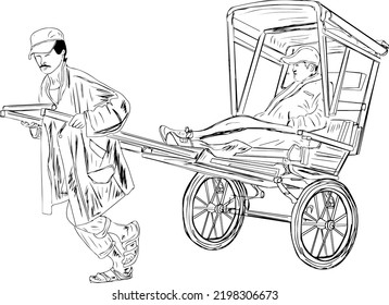 Vector de Rickshaw mano, dibujo de esbozo del hombre tirando del carro de la mano con el pasajero, Un empujador de rickshaw con el dibujo del doodle de dibujos animados de su cliente