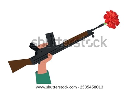 Hand with a rifle, a red carnation inserted into the barrel of the gun. Portugal's Freedom Day. Symbol of victory and revolution.