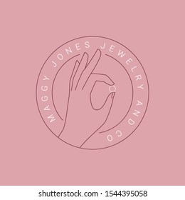 Hand with ring logo design template. Sign, emblem, symbol for wedding and jewellery. Trendy linear minimal style. Vector illustration.