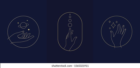 Hand with ring logo, label, badge, sign, emblem set for for cosmetics, jewellery, beauty and handmade products, tattoo studios. Linear trendy style. Vector illustration.