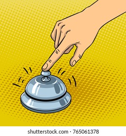 Hand Ring On Hotel Bell Pop Art Retro Vector Illustration. Comic Book Style Imitation.