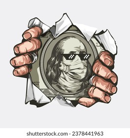 hand ripping through paper with cash vector illustration