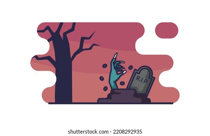 Hand Rise Up From The Gravestone Cartoon. Halloween Night Vector Illustration Isolated On A White Background.