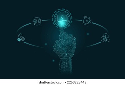 Hand rising to touch the button with money icon in the air with a index finger. Low poly illustration about mobile banking, payment, cyber banking, and financial technology.