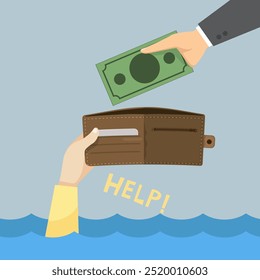 Hand rising in water flood need help with money. Flat, Vector, Illustration, Cartoon, EPS10. 