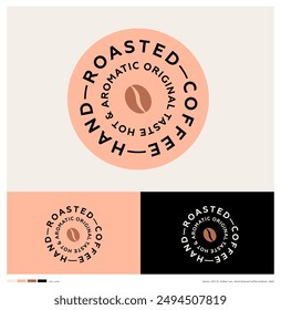 Hand Roasted Coffee logo. Coffee icon and letters in  pink circle. Sticker for Hot drink take away. 