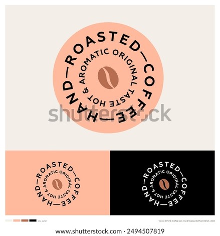 Hand Roasted Coffee logo. Coffee icon and letters in  pink circle. Sticker for Hot drink take away. 