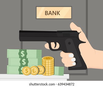 hand of robbery holding shotgun and bring out the money pile