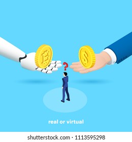 hand robot with bitcoin and a man's hand in a business suit with a dollar coin, isometric image