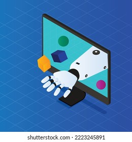 Hand robot  coming out a computer monitor isometric 3d vector illustration concept for banner, website, illustration, landing page, flyer, etc.