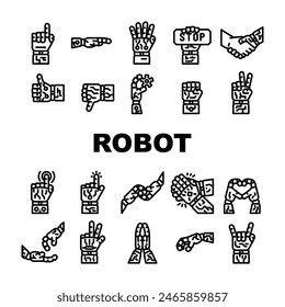 hand robot technology icons set vector. artificial cyborg, future arm, human finger, futuristic touch, machine cyber ai tech hand robot technology black contour illustrations