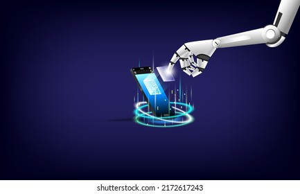 Hand of robot are touching on a hologram QR code of phone. Futuristic technology artificial intelligence. Hi-tech mobile of data analysis. Visual reality glowing interface. Abstract background